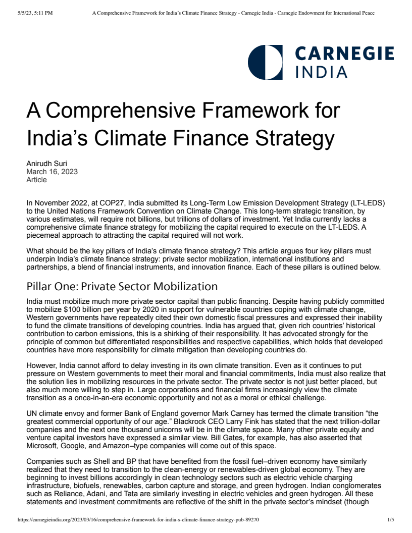 A Comprehensive Framework for India's Climate Finance Strategy