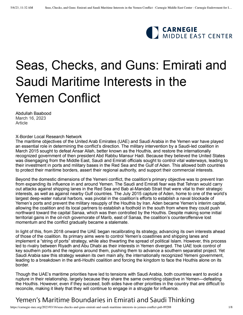 Seas, Checks, and Guns: Emirati and Saudi Maritime Interests in the Yemen Conflict