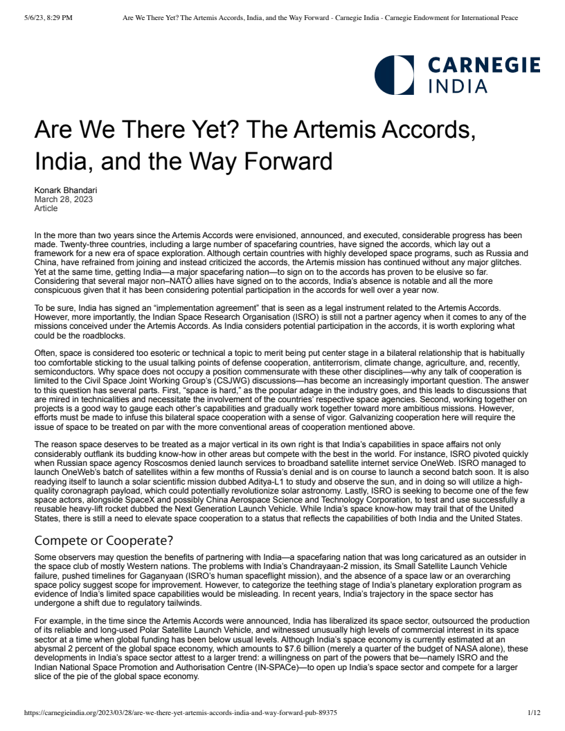 Are We There Yet? The Artemis Accords, India, and the Way Forward