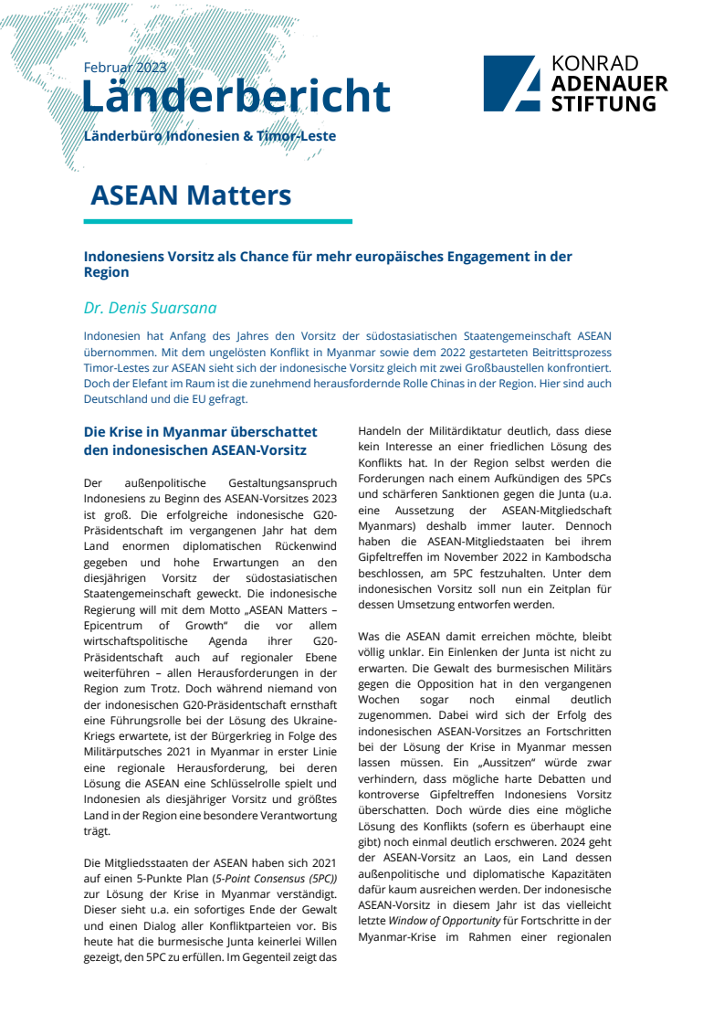 ASEAN Matters: Indonesiens Vorsitz als Chance für mehr europäisches Engagement in der Region