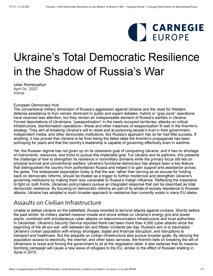 Ukraine's Total Democratic Resilience in the Shadow of Russia's War