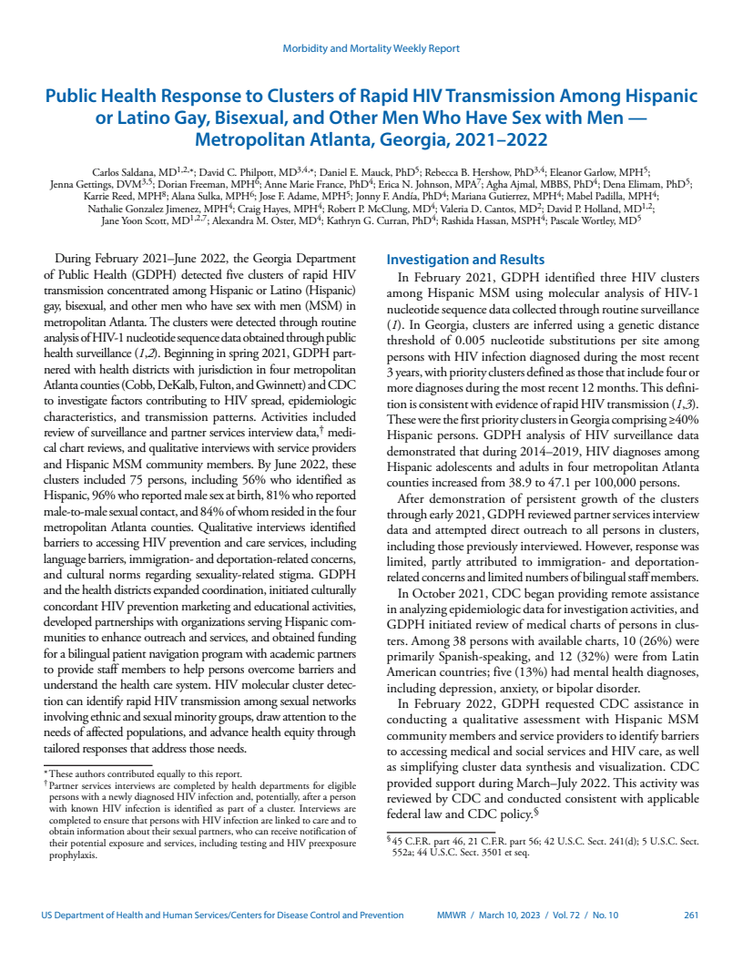 Public Health Response to Clusters of Rapid HIV Transmission Among Hispanic or Latino Gay, Bisexual, and Other Men Who Have Sex with Men — Metropolitan Atlanta, Georgia, 2021–2022