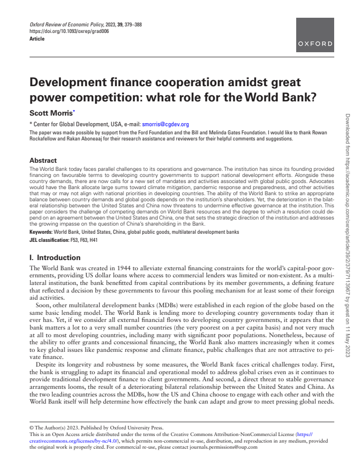 Development Finance Cooperation amidst Great Power Competition: What Role for the World Bank?