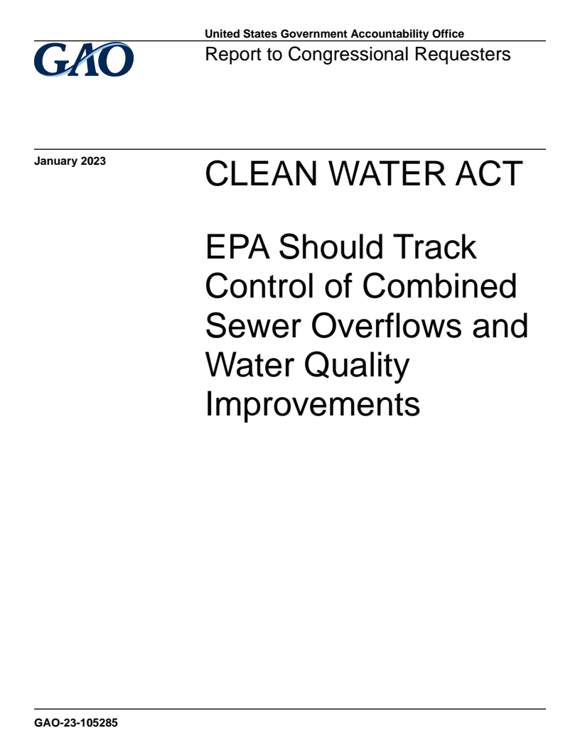 Clean Water Act: EPA Should Track Control of Combined Sewer Overflows and Water Quality Improvements
