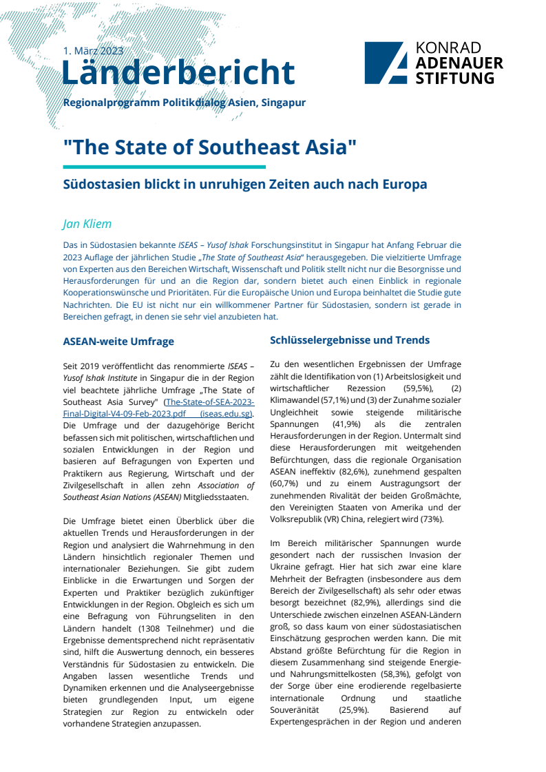 "The State of Southeast Asia": Südostasien blickt in unruhigen Zeiten auch nach Europa