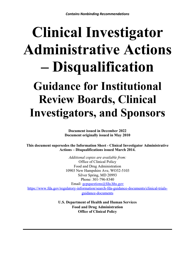 Clinical Investigator Administrative Actions: Disqualification - Guidance for Institutional Review Boards, Clinical Investigators, and Sponsors