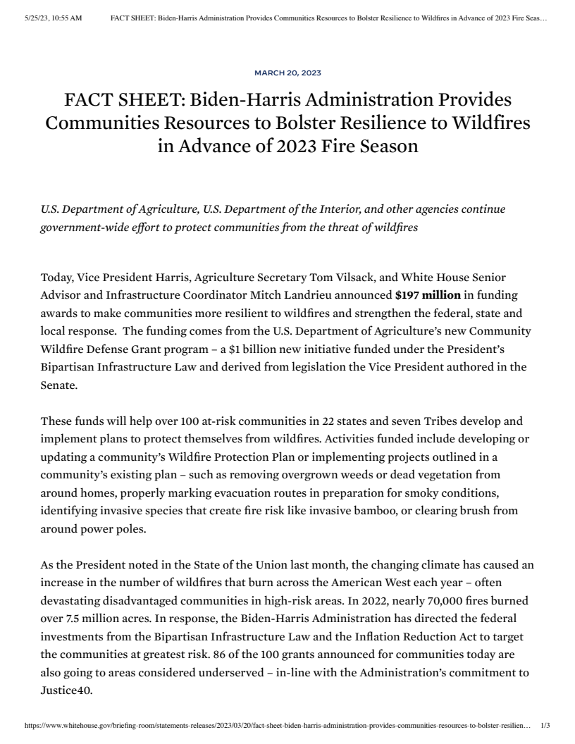 Biden-⁠Harris Administration Provides Communities Resources to Bolster Resilience to Wildfires in Advance of 2023 Fire Season