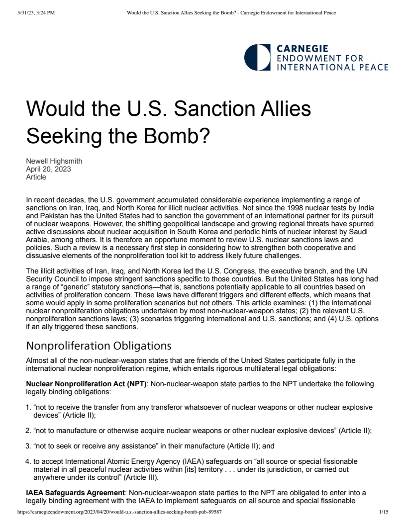 Would the U.S. Sanction Allies Seeking the Bomb?