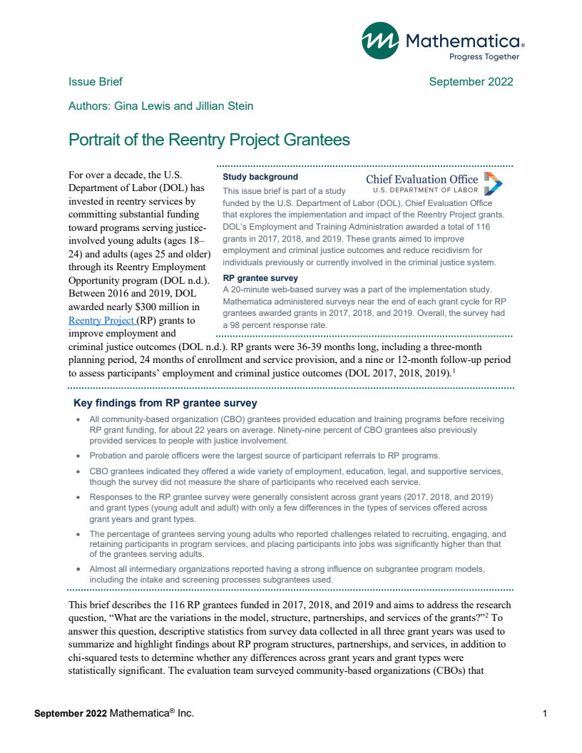 Portrait of the Reentry Project Grantees (Issue Brief)