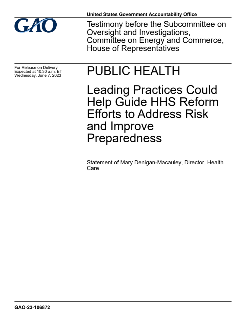 Public Health: Leading Practices Could Help Guide HHS Reform Efforts to Address Risk and Improve Preparedness