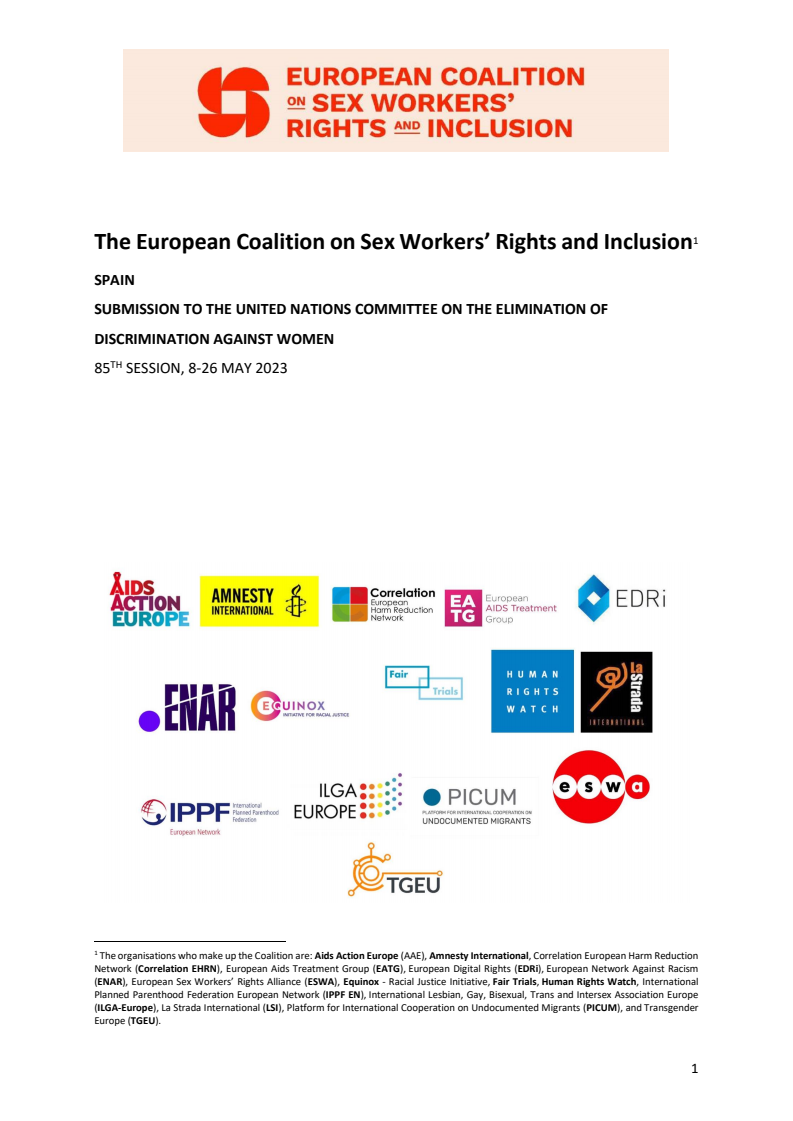 Spain: Submission to the United Nations Committee on the Elimination of Discrimination against Women (85th session, 8-26 May 2023) by The European Coalition on Sex Workers' Rights and Inclusion