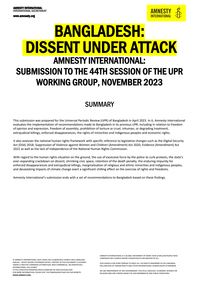Bangladesh: Dissent under attack: Submission to the 44th session of the UPR Working Group, November 2023