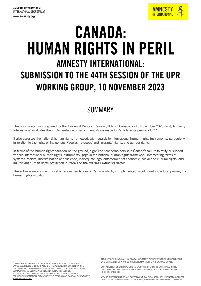 Canada: Human rights in peril. Amnesty international: Submission to the 44th session of the UPR working group, 10 November 2023