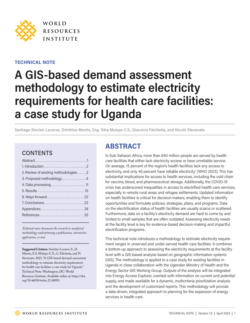 A GIS-Based Demand Assessment Methodology To Estimate Electricity Requirements for Health Care Facilities: A Case Study for Uganda