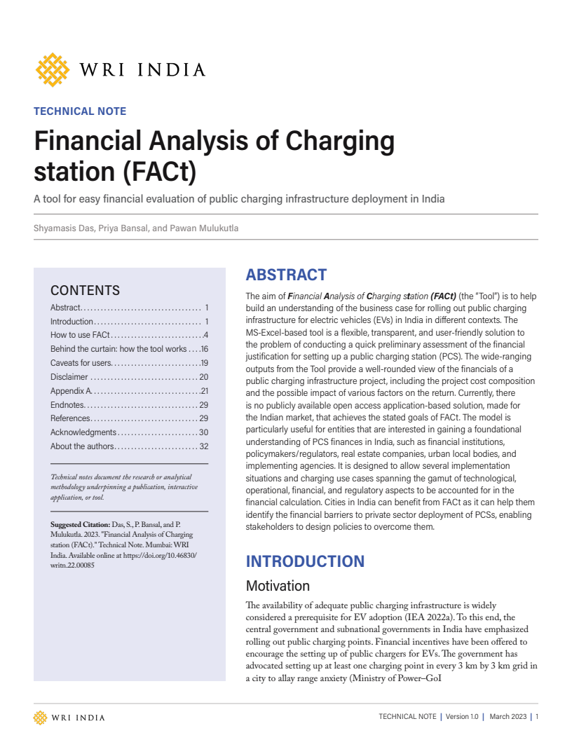 Financial Analysis of Charging Station (FACt)- a Tool for Easy Financial Evaluation of Public Charging Infrastructure Deployment in India