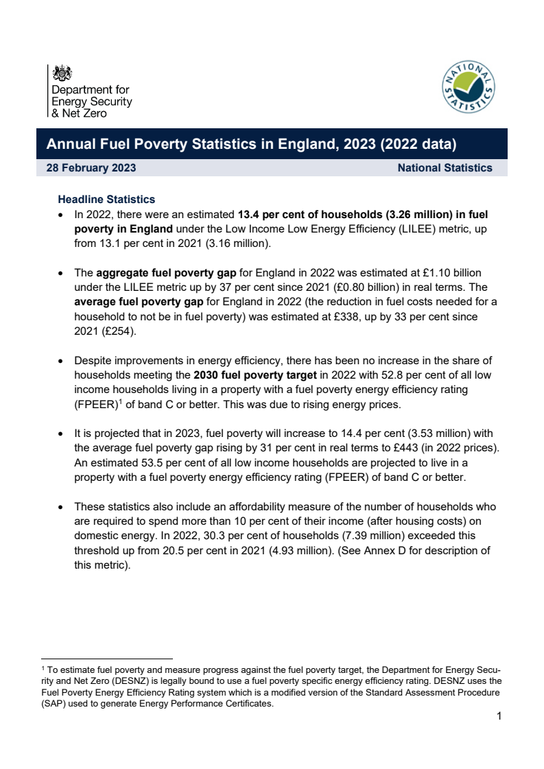 Annual fuel poverty statistics report: 2023