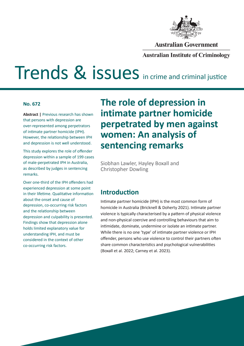 The role of depression in intimate partner homicide perpetrated by men against women: An analysis of sentencing remarks