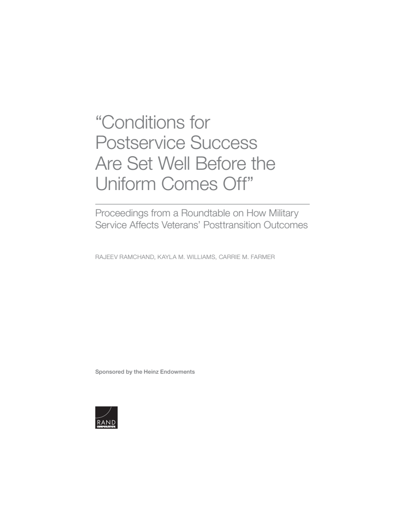 "Conditions for Postservice Success Are Set Well Before the Uniform Comes Off": Proceedings from a Roundtable on How Military Service Affects Veterans' Posttransition Outcomes