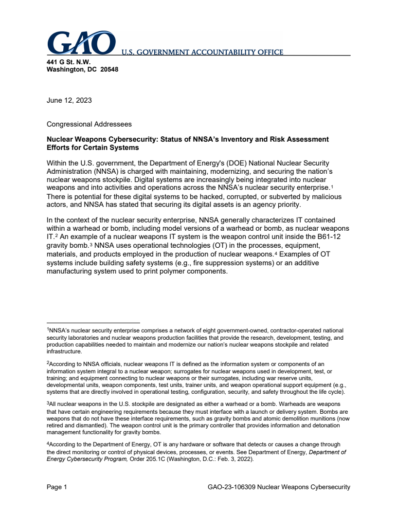 Nuclear Weapons Cybersecurity: Status of NNSA's Inventory and Risk Assessment Efforts for Certain Systems
