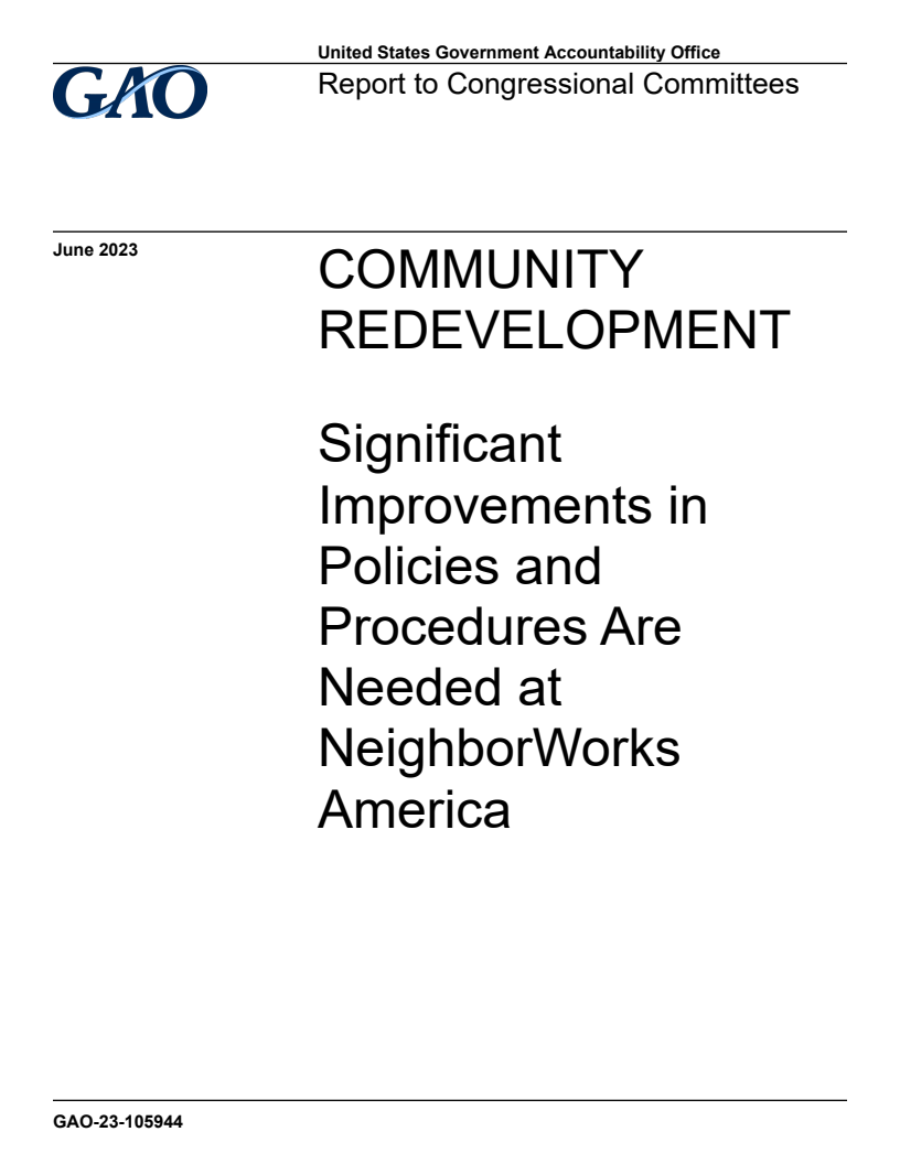Community Redevelopment: Significant Improvements in Policies and Procedures Are Needed at NeighborWorks America