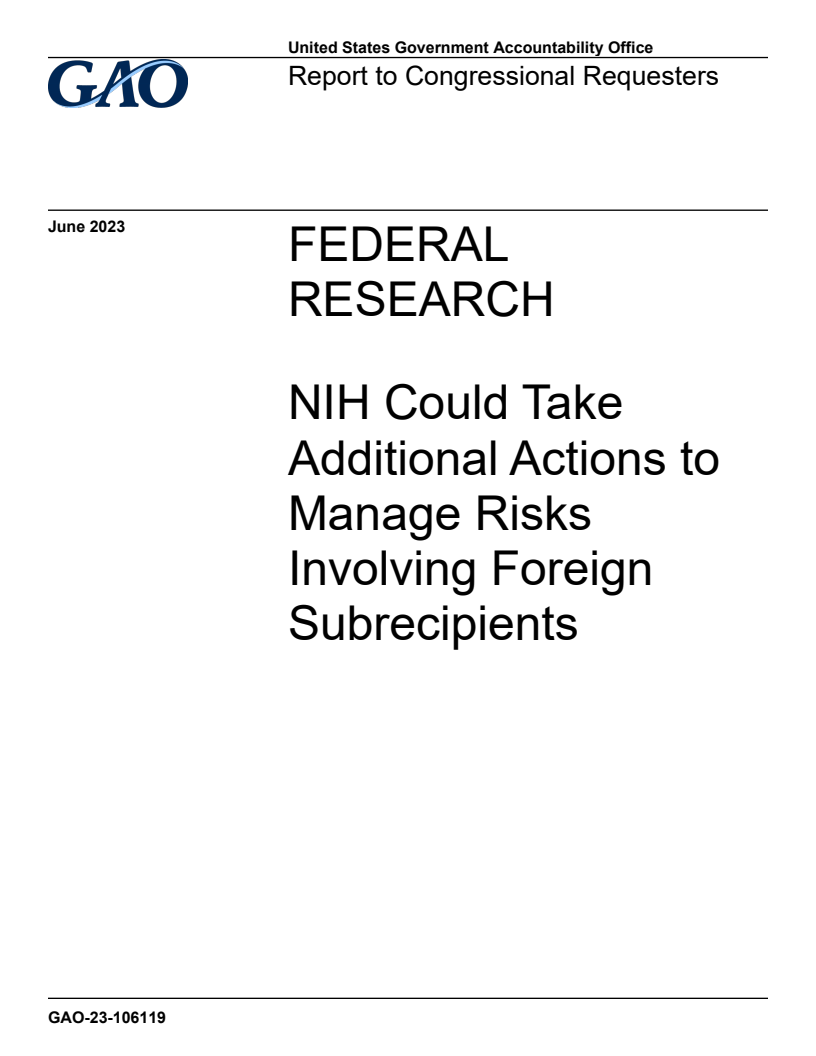 Federal Research: NIH Could Take Additional Actions to Manage Risks Involving Foreign Subrecipients