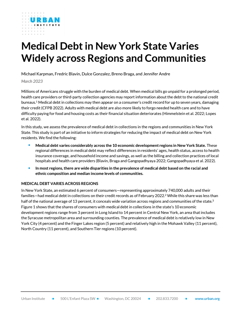 Medical Debt in New York State Varies Widely across Regions and Communities
