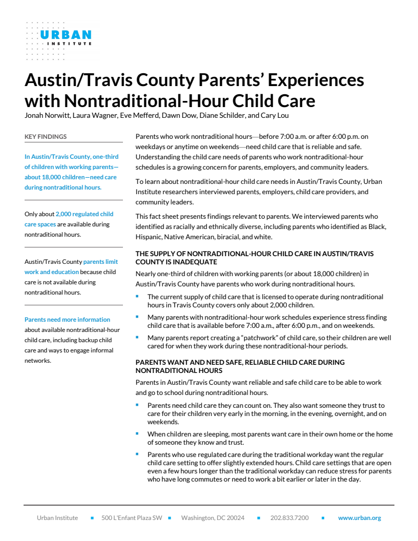 Austin/Travis County Parents' Experiences with Nontraditional-Hour Child Care