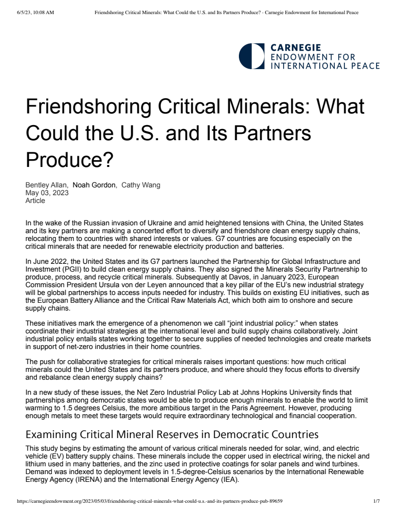 Friendshoring Critical Minerals: What Could the U.S. and Its Partners Produce?