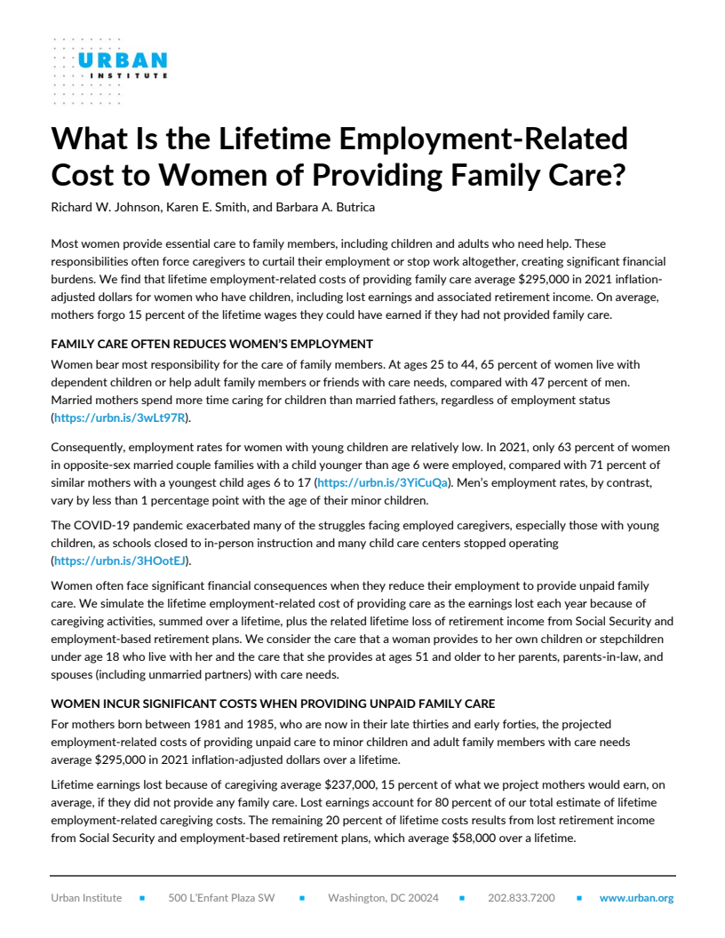 What Is the Lifetime Employment-Related Cost to Women of Providing Family Care?