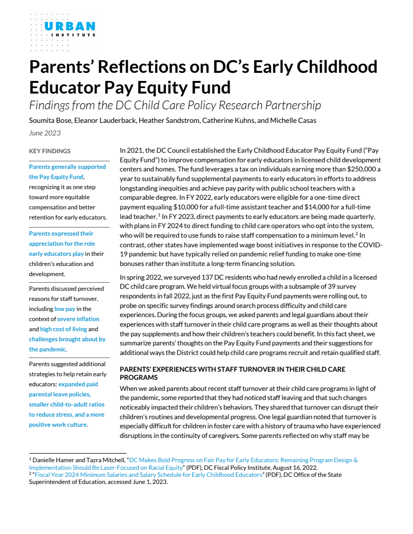 Parents' Reflections on DC's Early Childhood Educator Pay Equity Fund: Findings from the DC Child Care Policy Research Partnership
