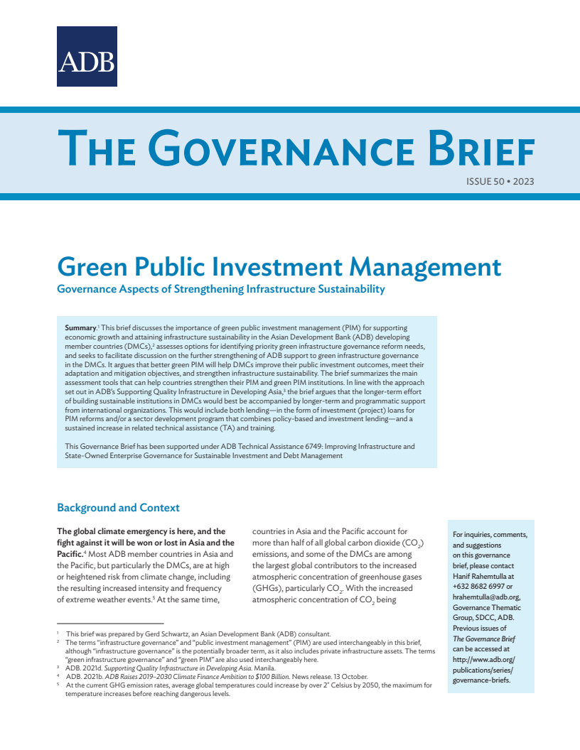 Green Public Investment Management: Governance Aspects of Strengthening Infrastructure Sustainability