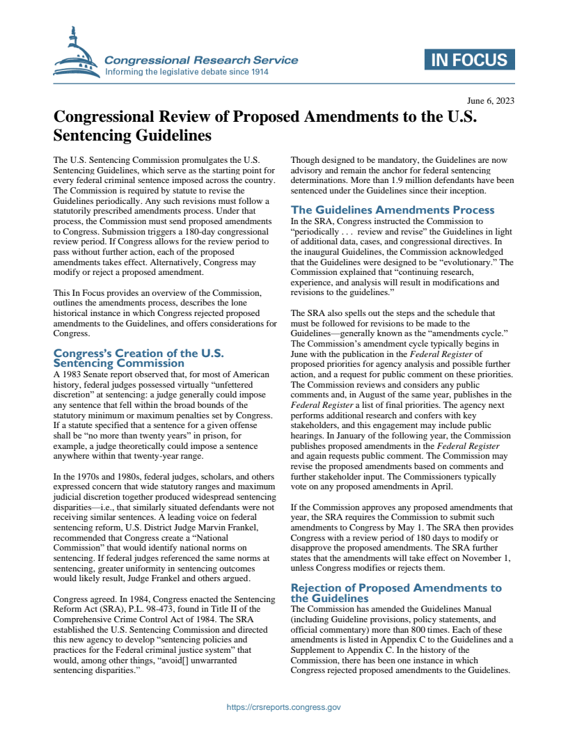 Congressional Review of Proposed Amendments to the U.S. Sentencing Guidelines