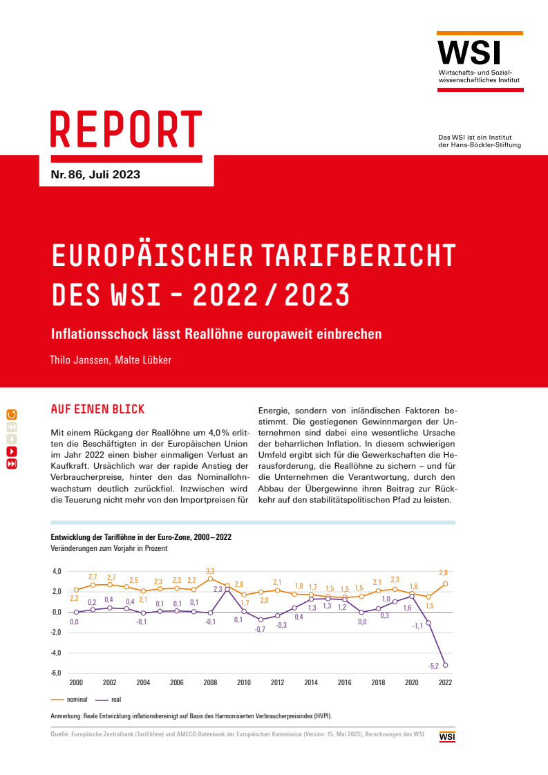Europäischer Tarifbericht des WSI - 2022 / 2023: Inflationsschock lässt Reallöhne europaweit einbrechen