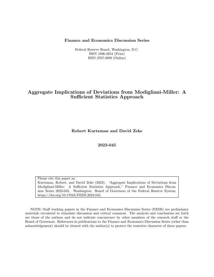 Aggregate Implications of Deviations from Modigliani-Miller: A Sufficient Statistics Approach