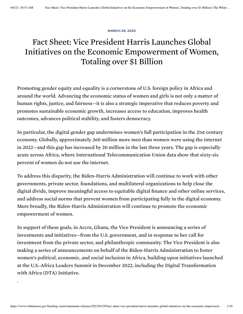 Vice President Harris Launches Global Initiatives on the Economic Empowerment of Women, Totaling over $1 Billion