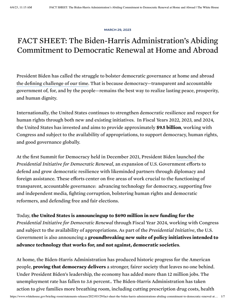 The Biden-⁠Harris Administration's Abiding Commitment to Democratic Renewal at Home and Abroad