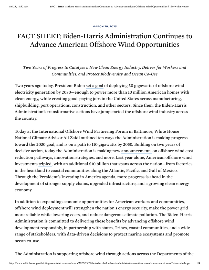 Biden-⁠Harris Administration Continues to Advance American Offshore Wind Opportunities
