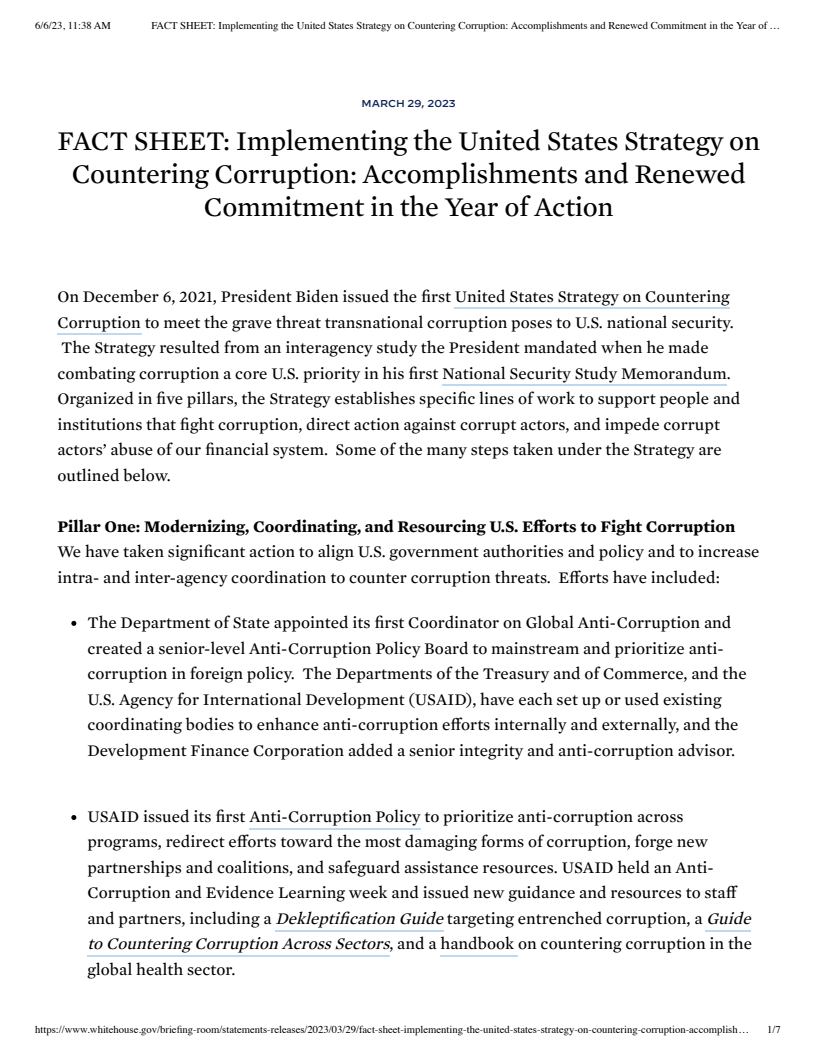 Implementing the United States Strategy on Countering Corruption: Accomplishments and Renewed Commitment in the Year of Action