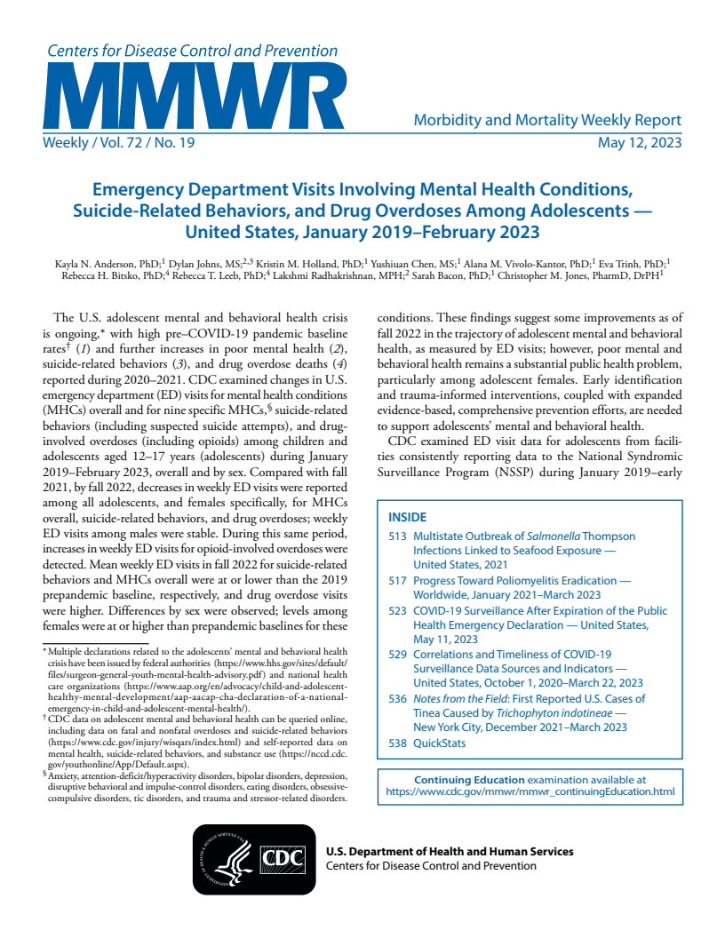 Emergency Department Visits Involving Mental Health Conditions, Suicide-Related Behaviors, and Drug Overdoses Among Adolescents — United States, January 2019–February 2023