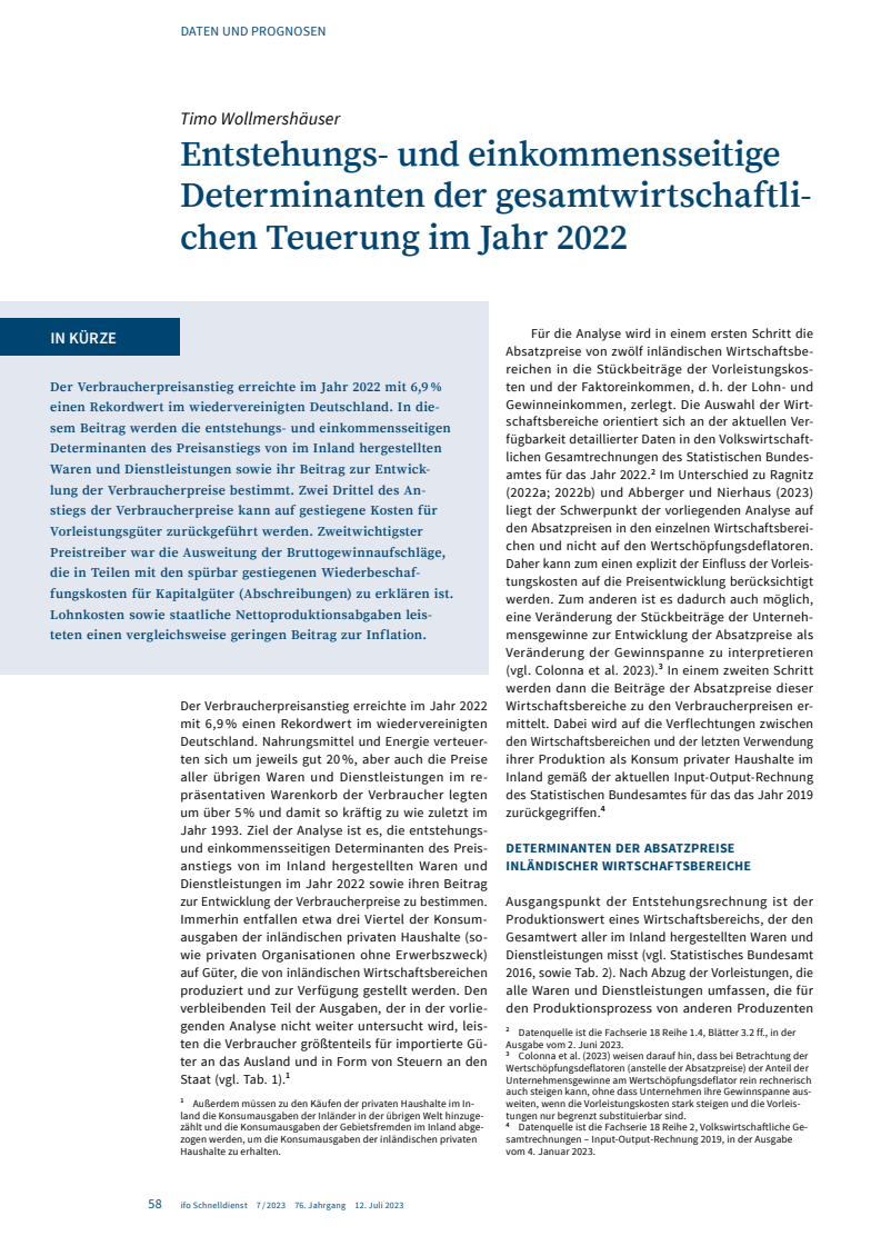 Entstehungs- und einkommensseitige Determinanten der gesamtwirtschaftlichen Teuerung im Jahr 2022