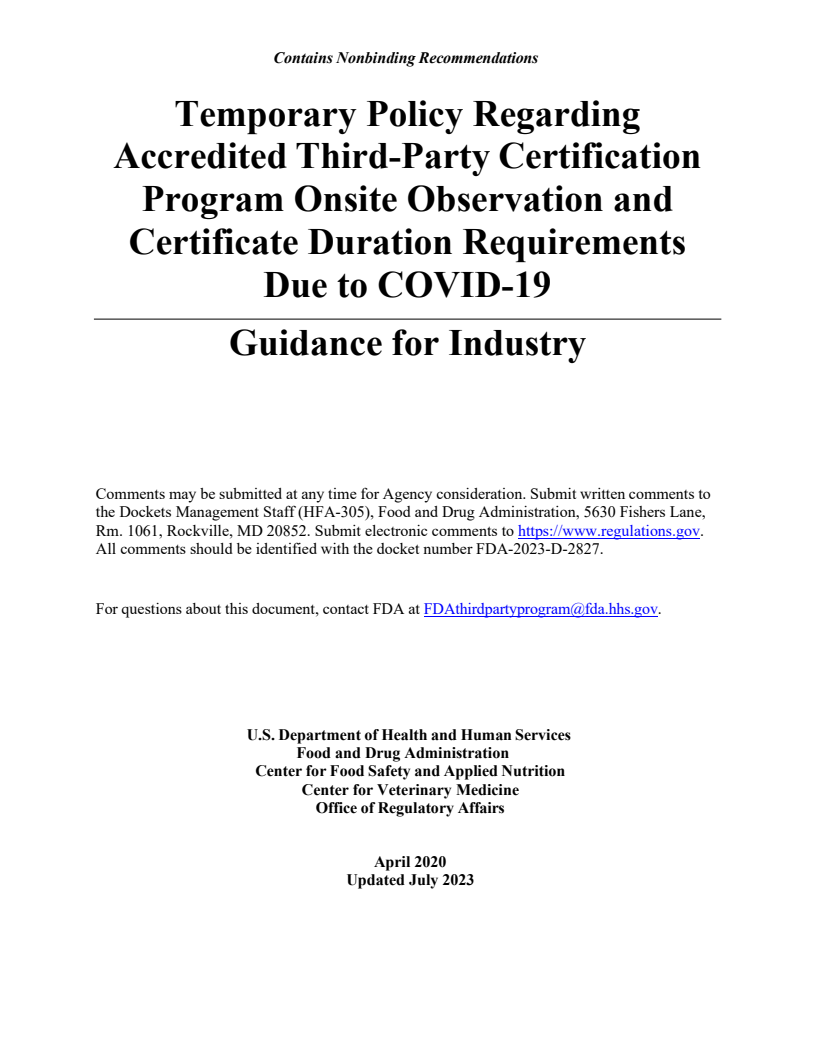 Temporary Policy Regarding Accredited Third-Party Certification Program Onsite Observation and Certificate Duration Requirements Due to COVID-19: Guidance for Industry
