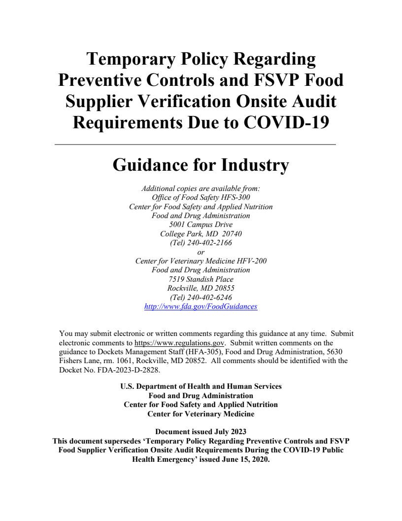 Temporary Policy Regarding Preventive Controls and FSVP Food Supplier Verification Onsite Audit Requirements Due to COVID-19: Guidance for Industry