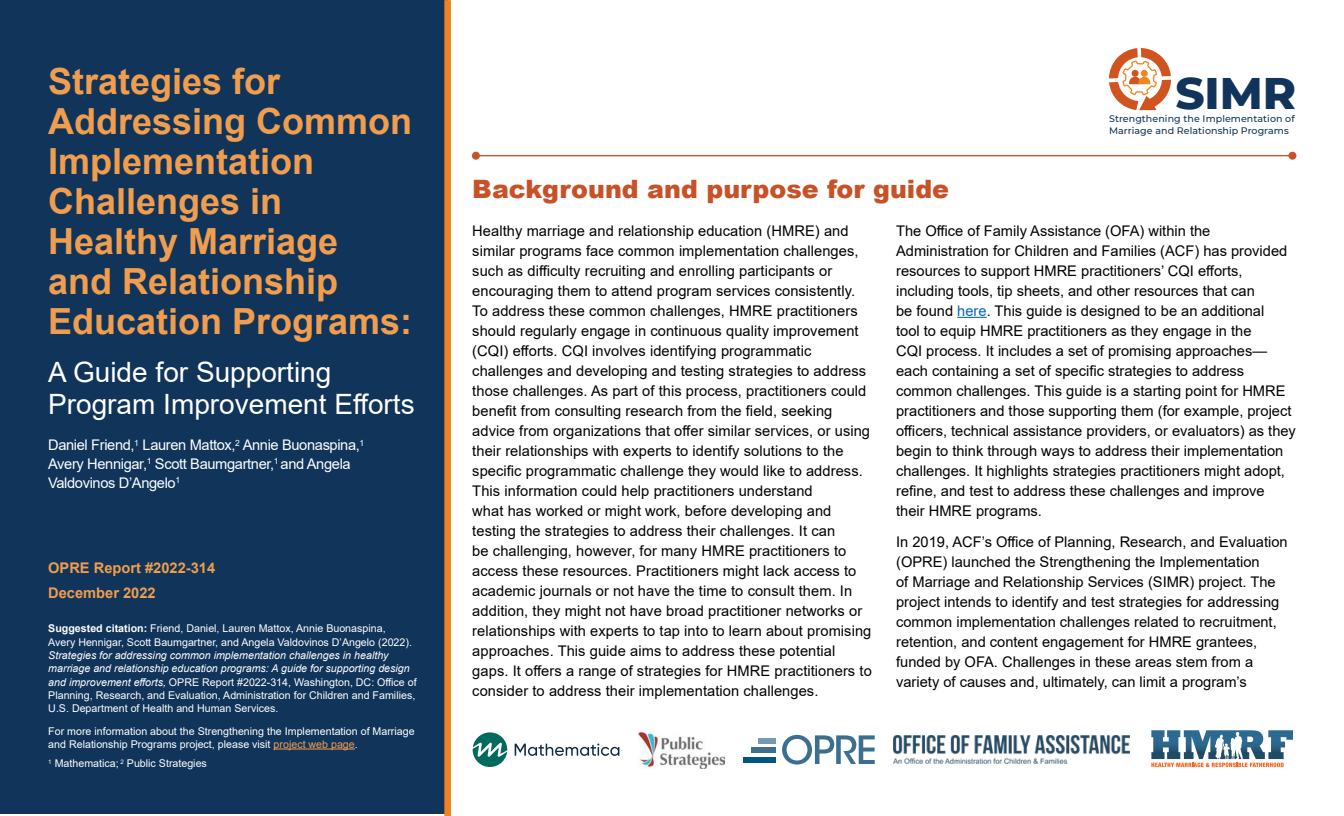 Strategies for Addressing Common Implementation Challenges in Healthy Marriage and Relationship Education Programs: A Guide for Supporting Program Improvement Efforts