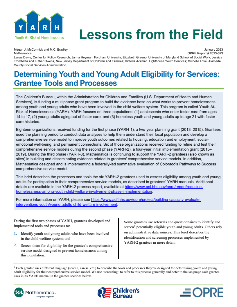 Lessons from the Field: Determining Youth and Young Adult Eligibility for Services - Grantee Tools and Processes