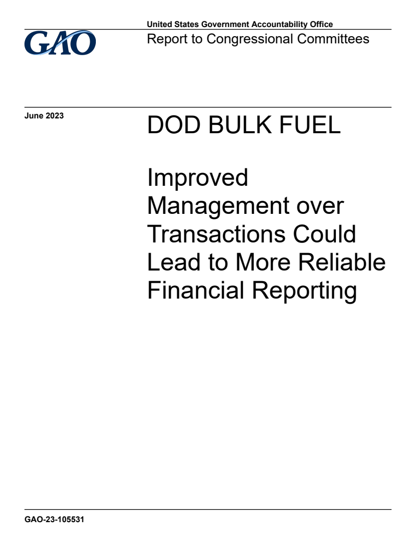 DOD Bulk Fuel: Improved Management over Transactions Could Lead to More Reliable Financial Reporting