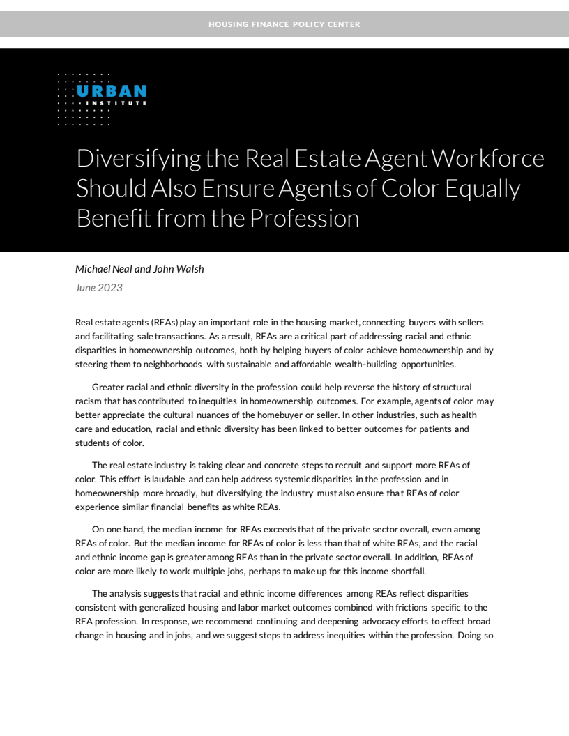Diversifying the Real Estate Agent Workforce Should Also Ensure Agents of Color Equally Benefit from the Profession