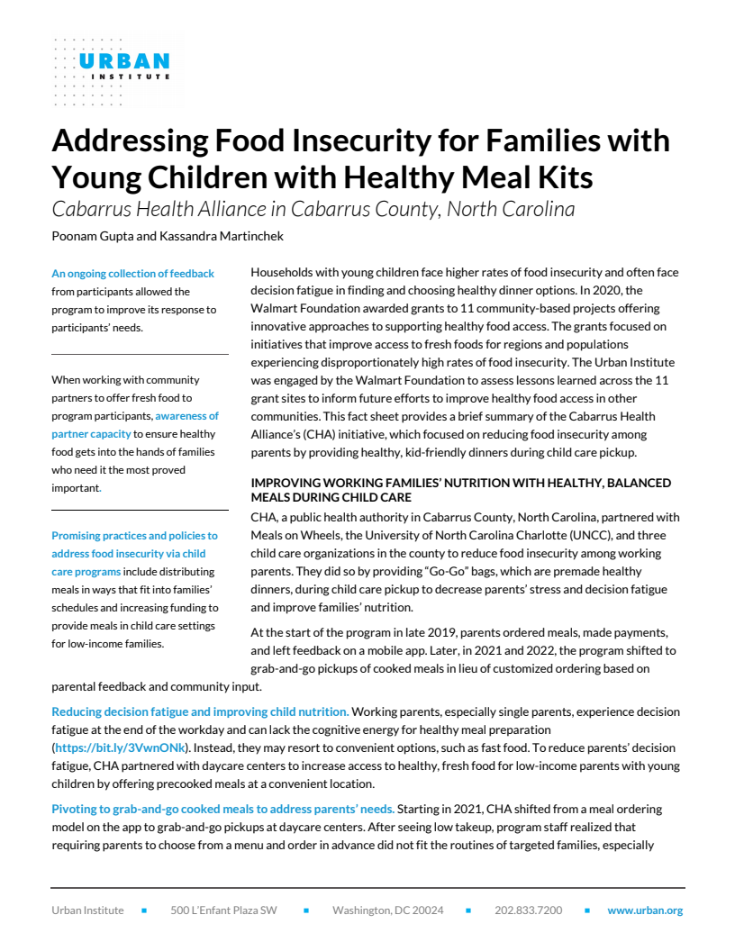 Addressing Food Insecurity for Families with Young Children with Healthy Meal Kits: Cabarrus Health Alliance in Cabarrus County, North Carolina