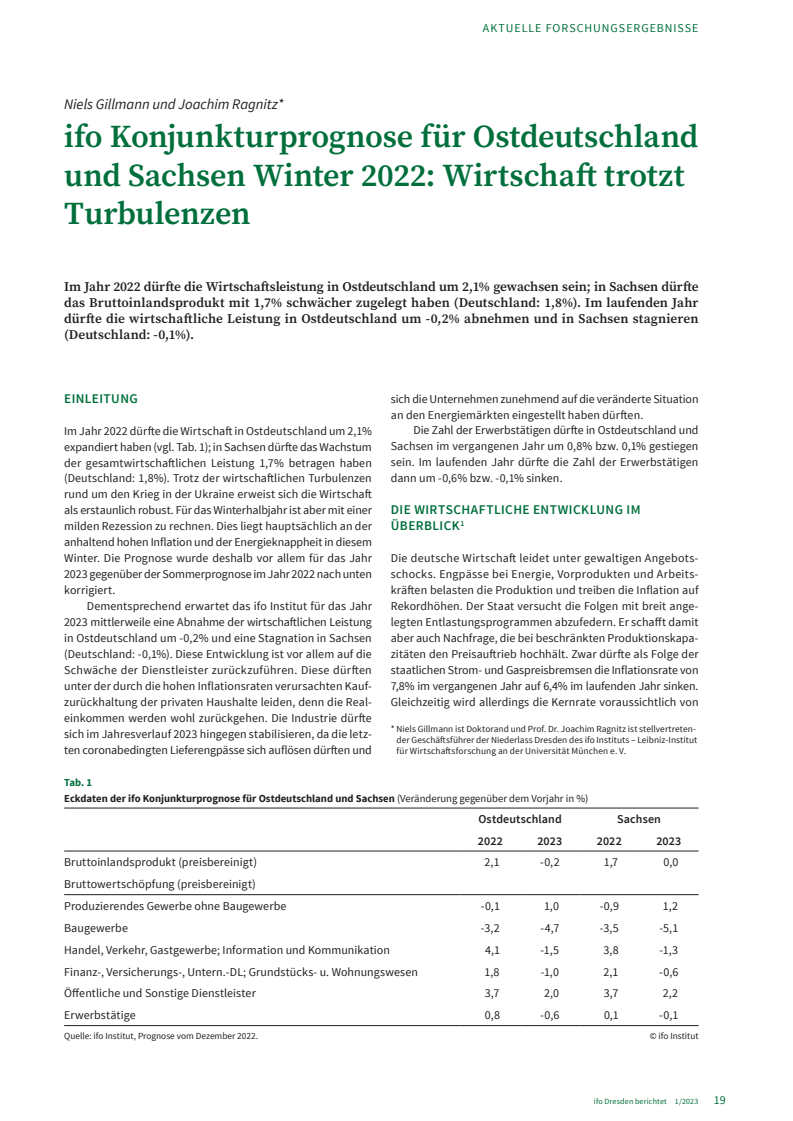 ifo Konjunkturprognose für Ostdeutschland und Sachsen Winter 2022: Wirtschaft trotzt Turbulenzen