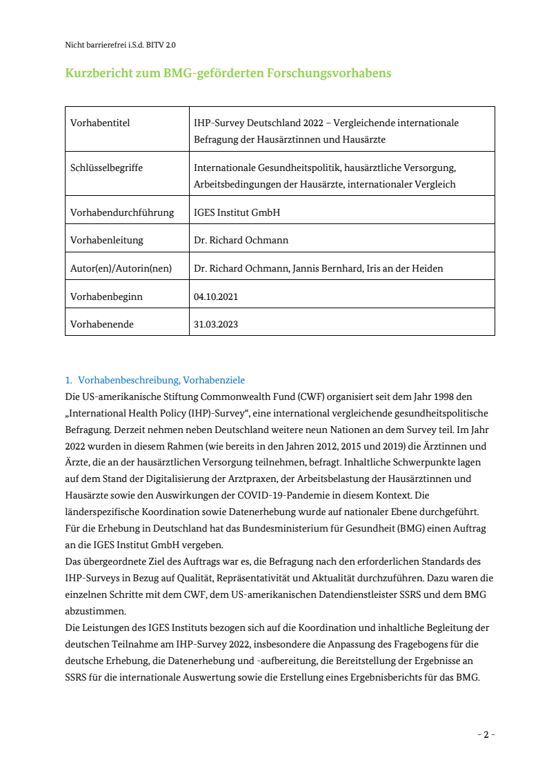 IHP-Survey Deutschland 2022 – Vergleichende internationale Befragung der Hausärztinnen und Hausärzte