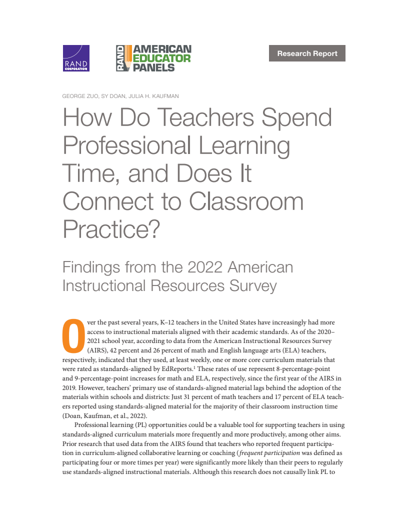 How Do Teachers Spend Professional Learning Time, and Does It Connect to Classroom Practice? Findings from the 2022 American Instructional Resources Survey